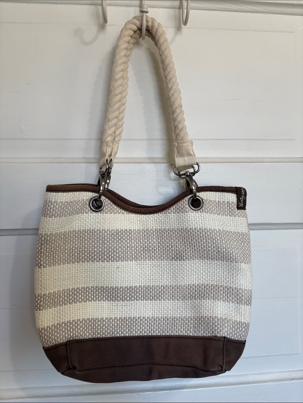 Thirty One Stripe straw like Canvas Tote Bag with Rope Handles